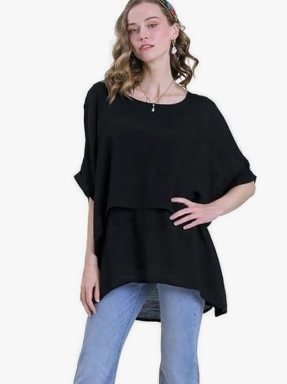 Umgee Black Layered Cuffed 1/2 Sleeve Silky Tunic Blouse Size 1X boho